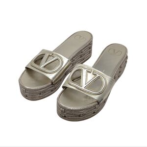 Valentino Garavani VLogo Cutout Gold Platform Slide Sandals Size EU 39